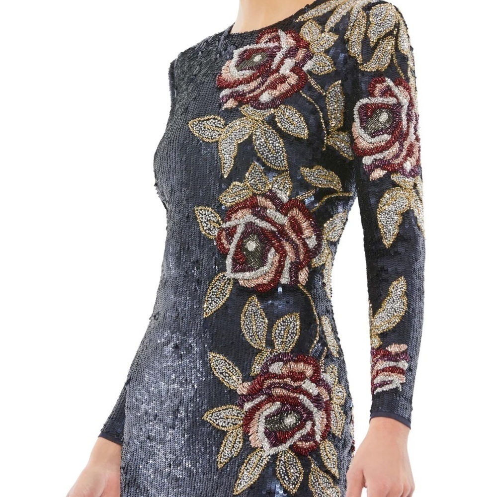 Mac Duggal 93624 NWT SEQUINED ASYMMETRICAL FLORAL LONG SLEEVE MIDI DRess - Picture 4 of 10